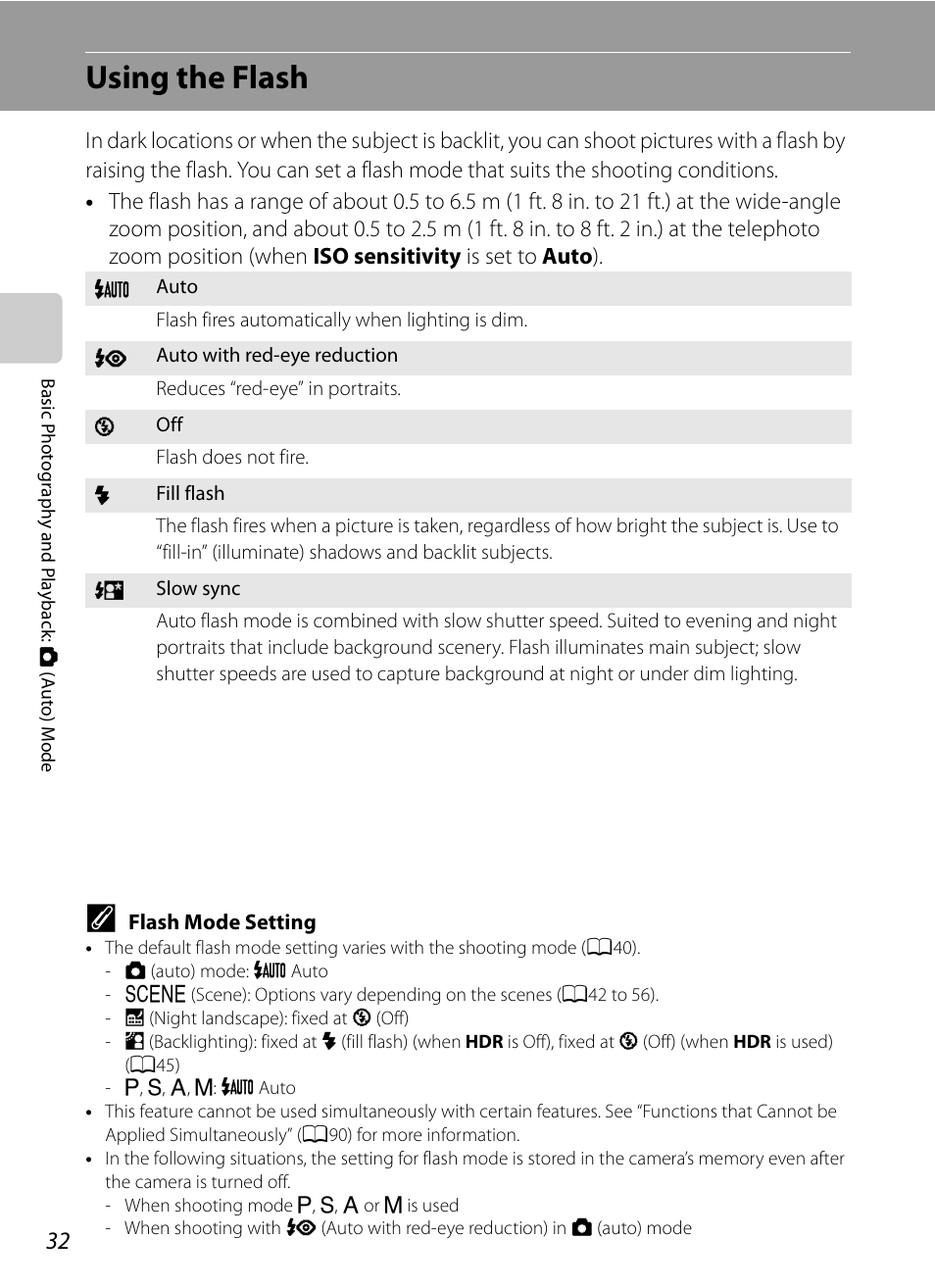 Using the flash, E “using the flash, A32) | Nikon Coolpix P300 User Manual | Page 44 / 200