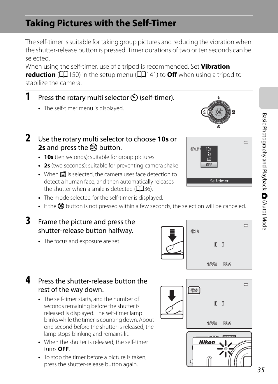 Taking pictures with the self-timer, A35), m, Press the rotary multi selector n (self-timer) | Nikon Coolpix P300 User Manual | Page 47 / 200