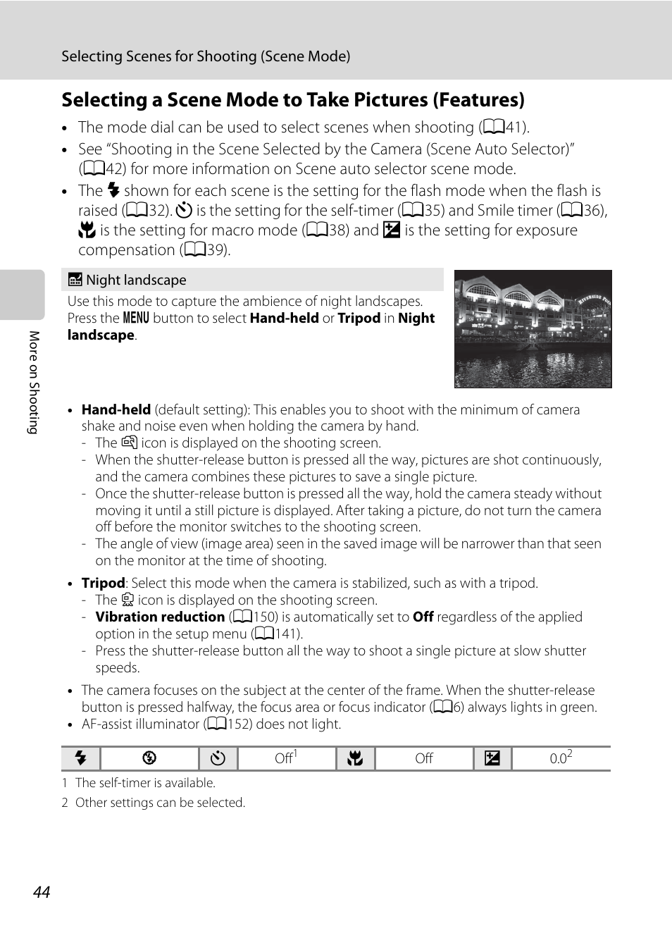 Selecting a scene mode to take pictures (features), A44) | Nikon Coolpix P300 User Manual | Page 56 / 200