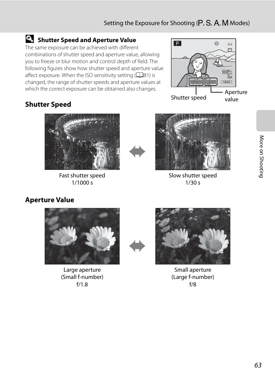A63), Shutter speed aperture value | Nikon Coolpix P300 User Manual | Page 75 / 200