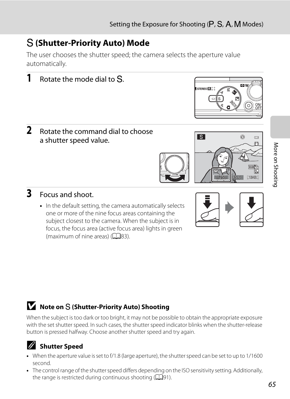 S (shutter-priority auto) mode, B (shutter-priority auto) mode, A65) | Nikon Coolpix P300 User Manual | Page 77 / 200