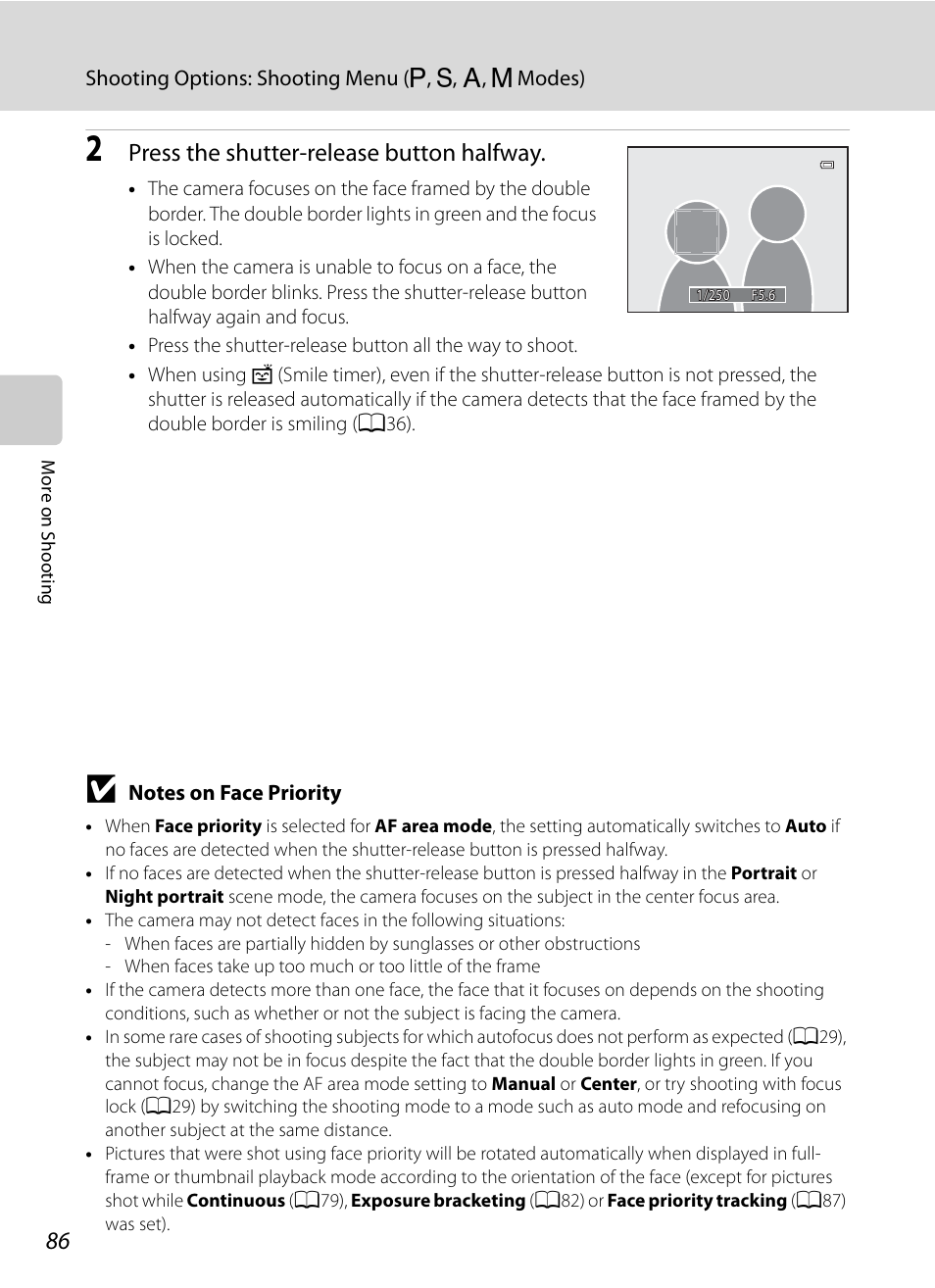 See “notes on face priority, A86), Press the shutter-release button halfway | Nikon Coolpix P300 User Manual | Page 98 / 200