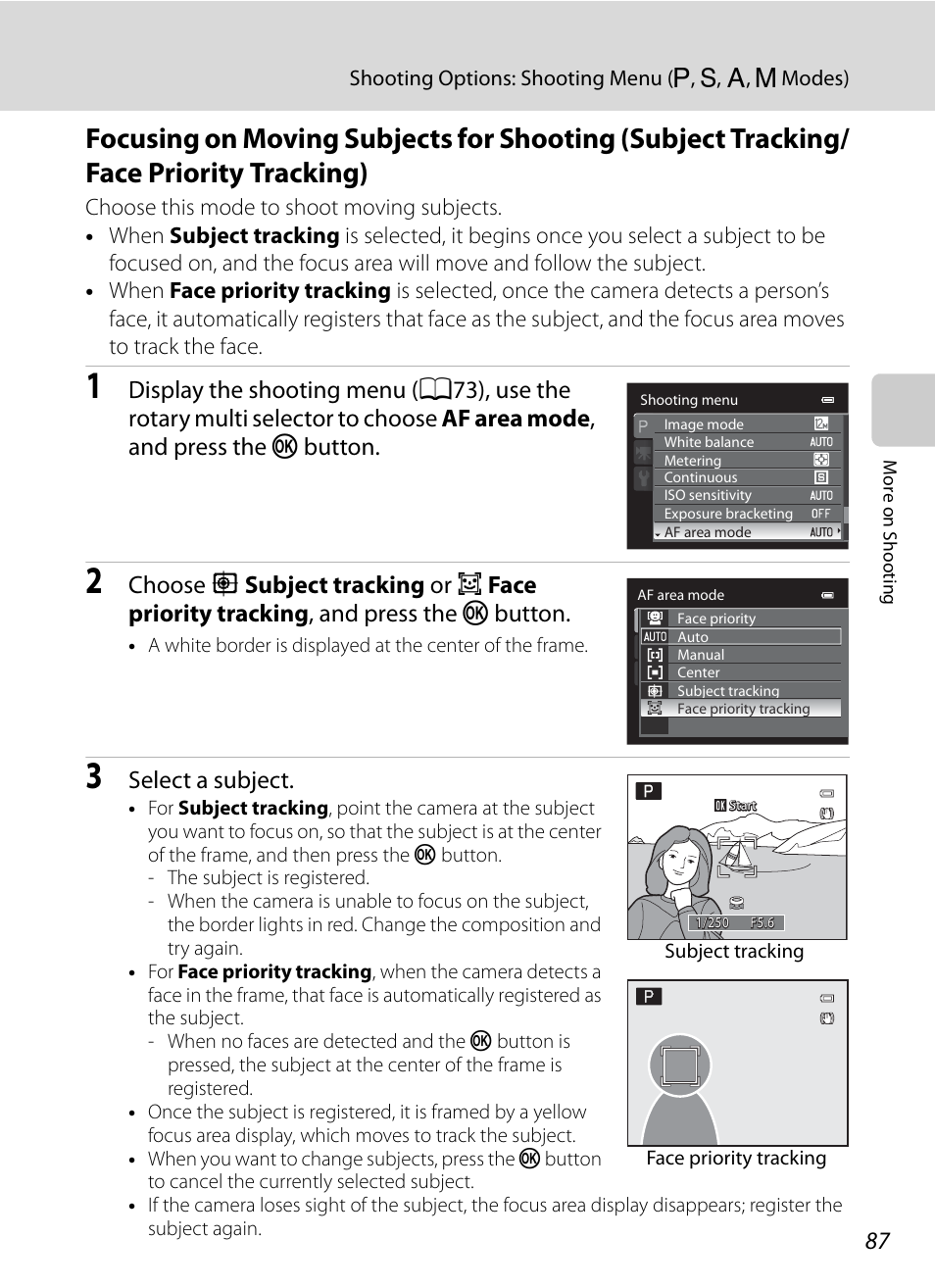 A87), Tracking), A87) fo | Select a subject | Nikon Coolpix P300 User Manual | Page 99 / 200