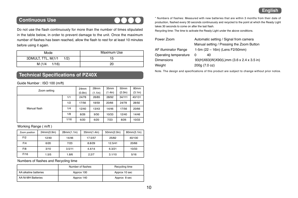 Continuous use, Technical specifications of pz40x, English | Nikon PZ40X User Manual | Page 10 / 10