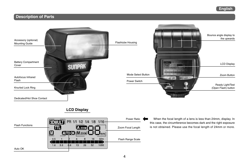 Description of parts, Lcd display, English | Nikon PZ40X User Manual | Page 4 / 10