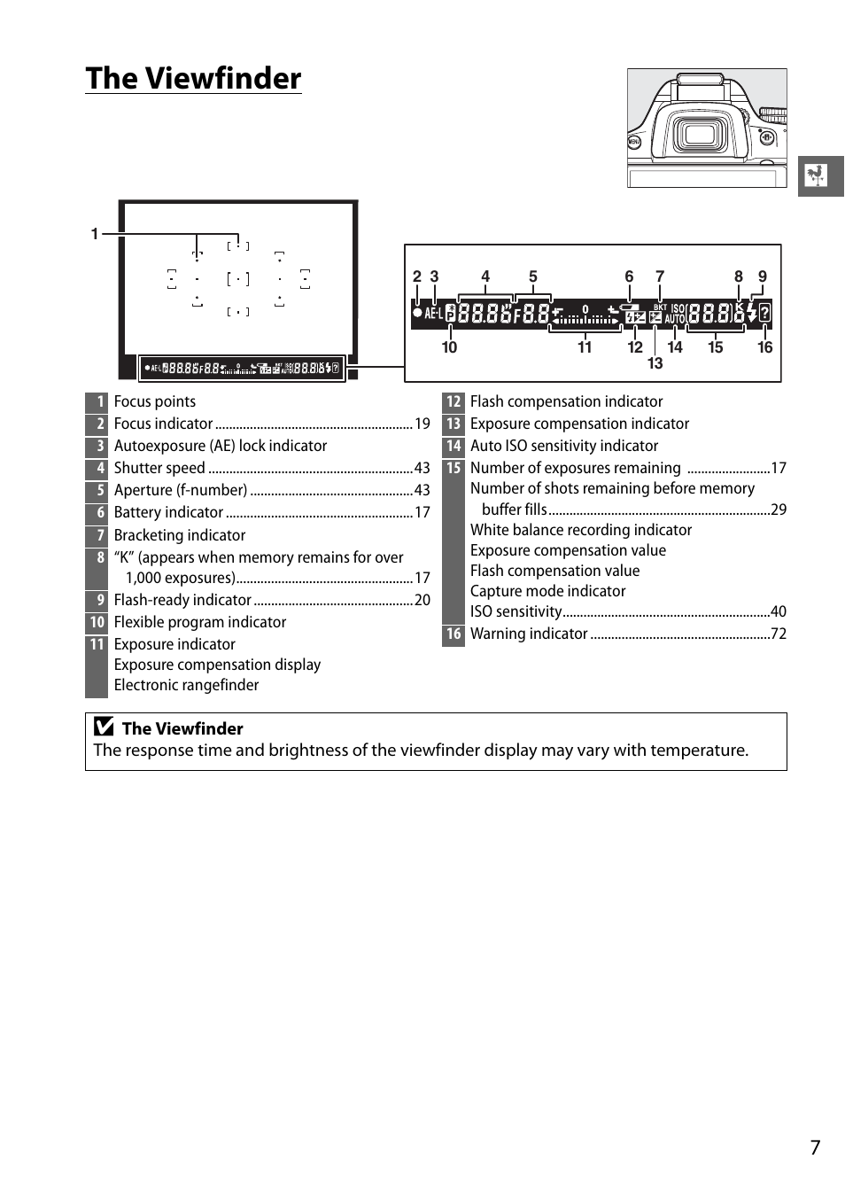 The viewfinder | Nikon D5100 User Manual | Page 15 / 92