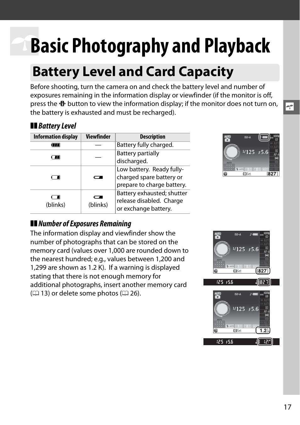 Basic photography and playback, Battery level and card capacity | Nikon D5100 User Manual | Page 25 / 92