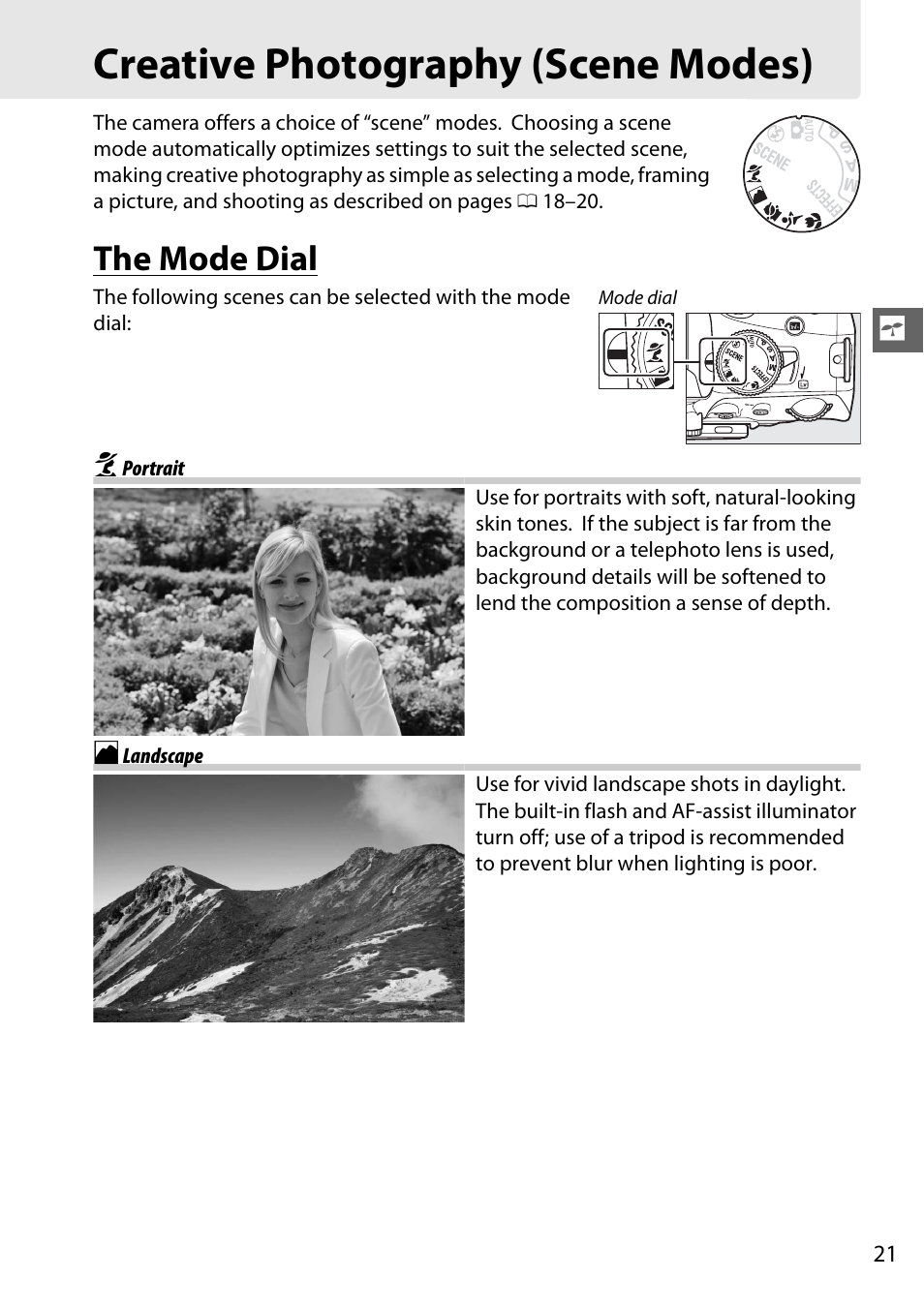 Creative photography (scene modes), The mode dial | Nikon D5100 User Manual | Page 29 / 92