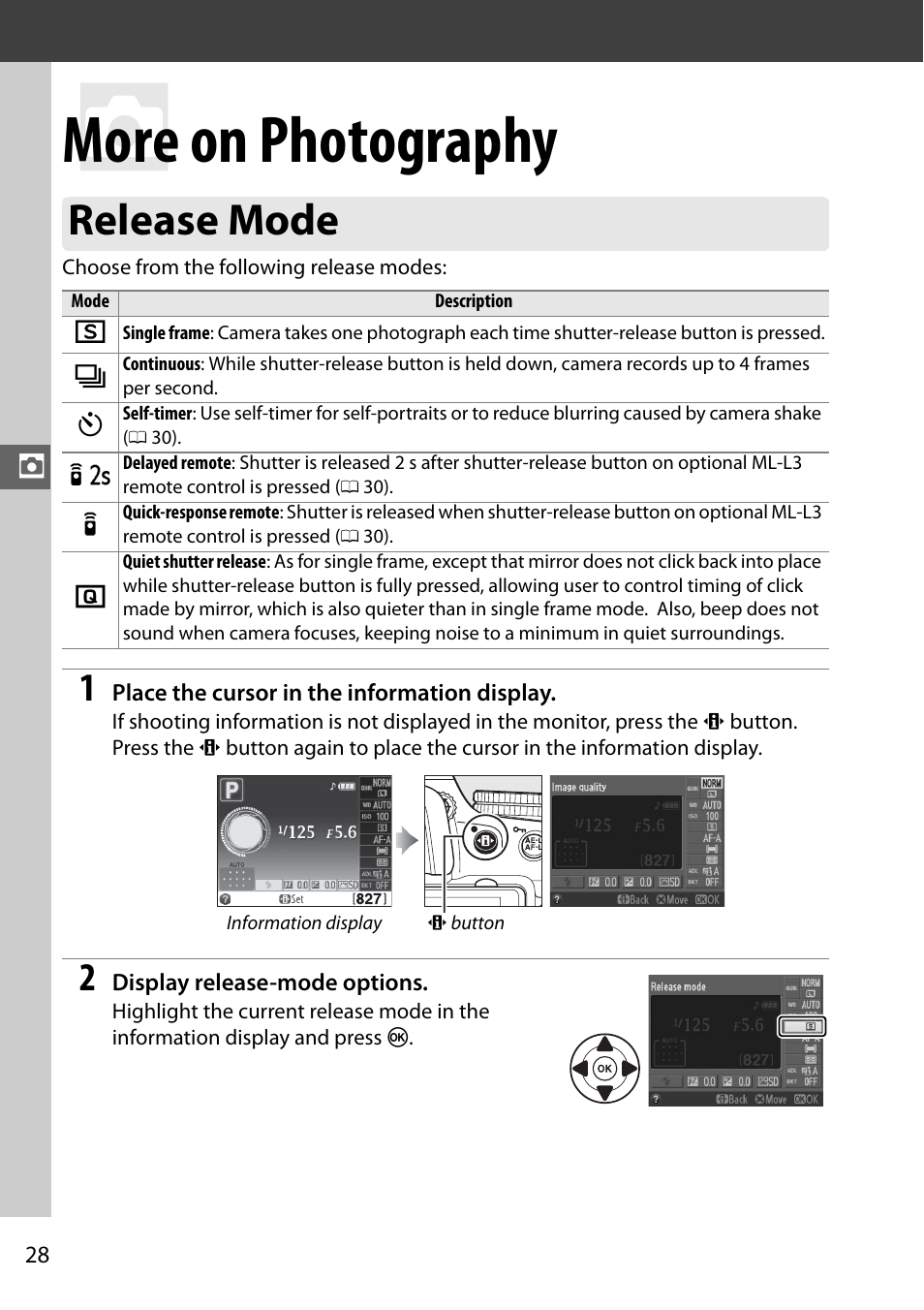 More on photography, Release mode | Nikon D5100 User Manual | Page 36 / 92