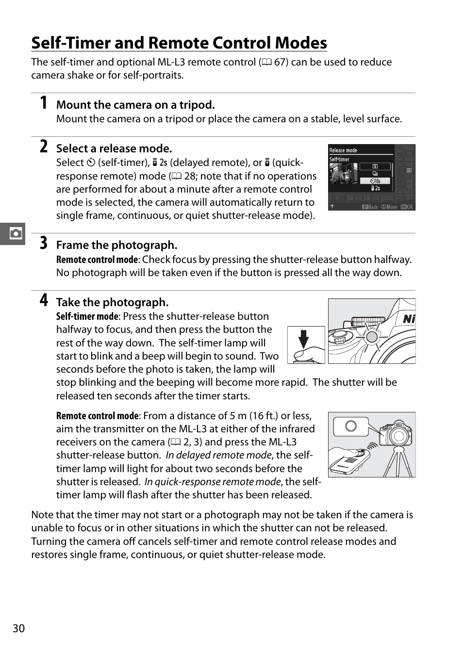 Self-timer and remote control modes | Nikon D5100 User Manual | Page 38 / 92