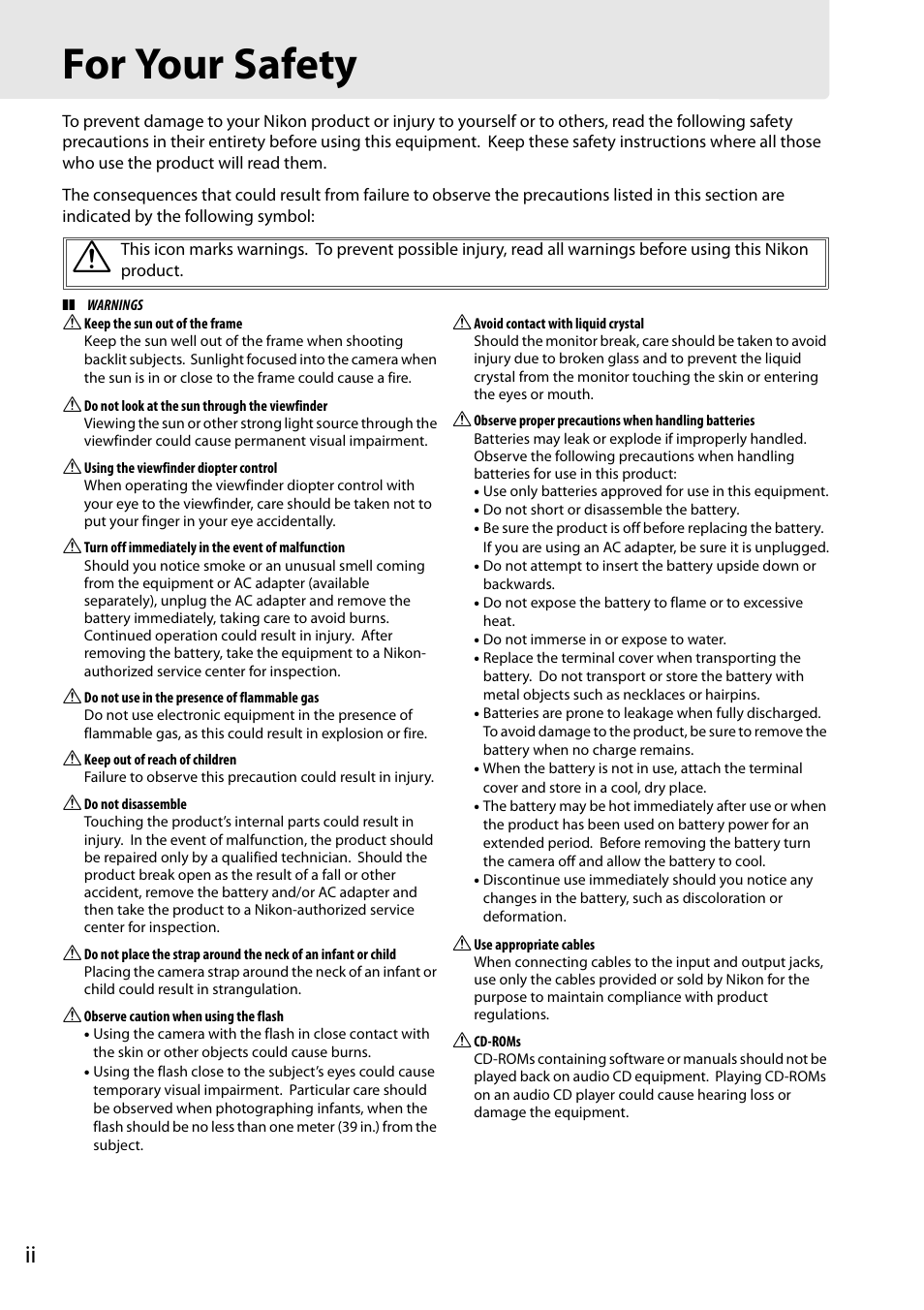 For your safety | Nikon D5100 User Manual | Page 4 / 92