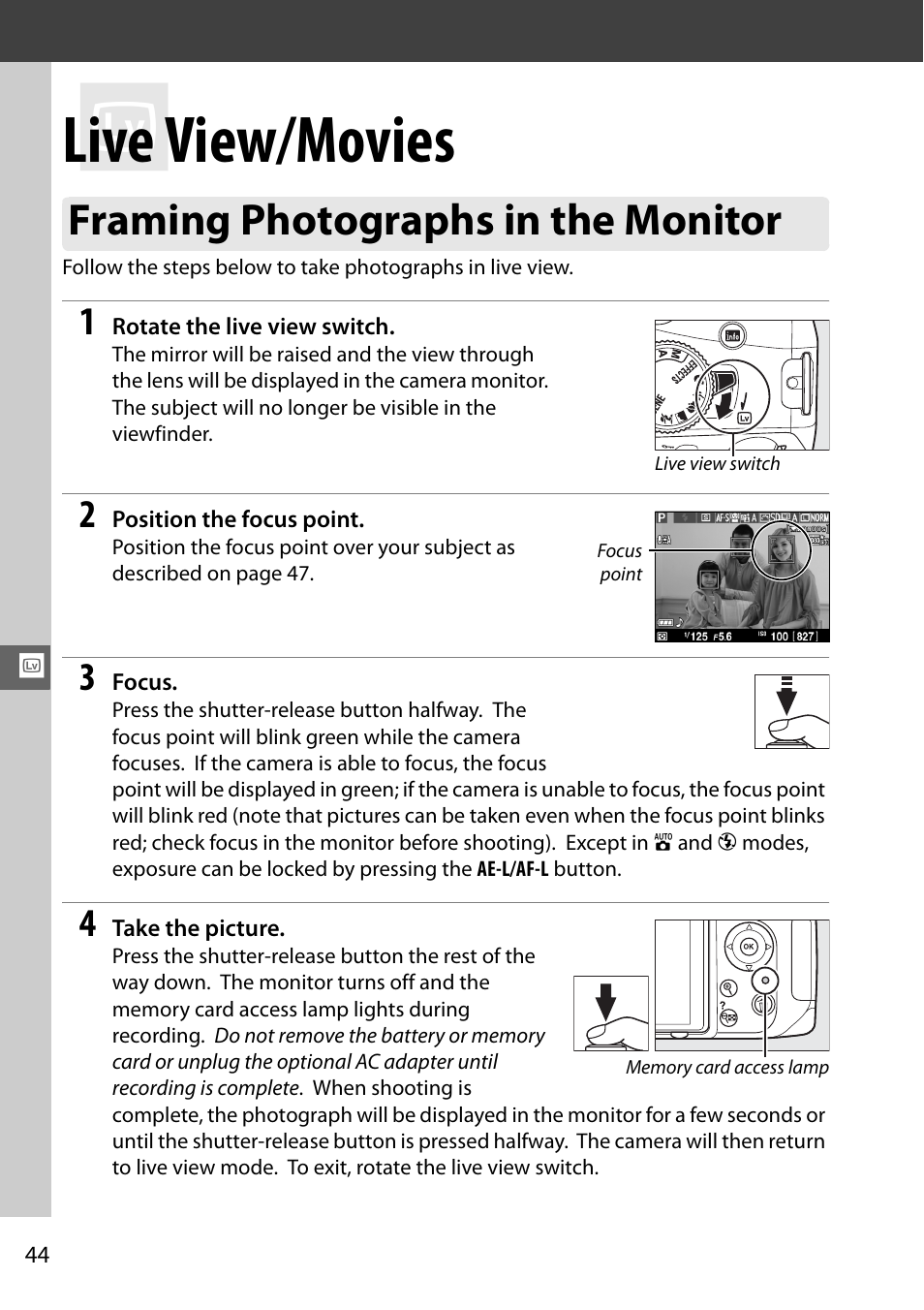 Live view/movies, Framing photographs in the monitor | Nikon D5100 User Manual | Page 52 / 92