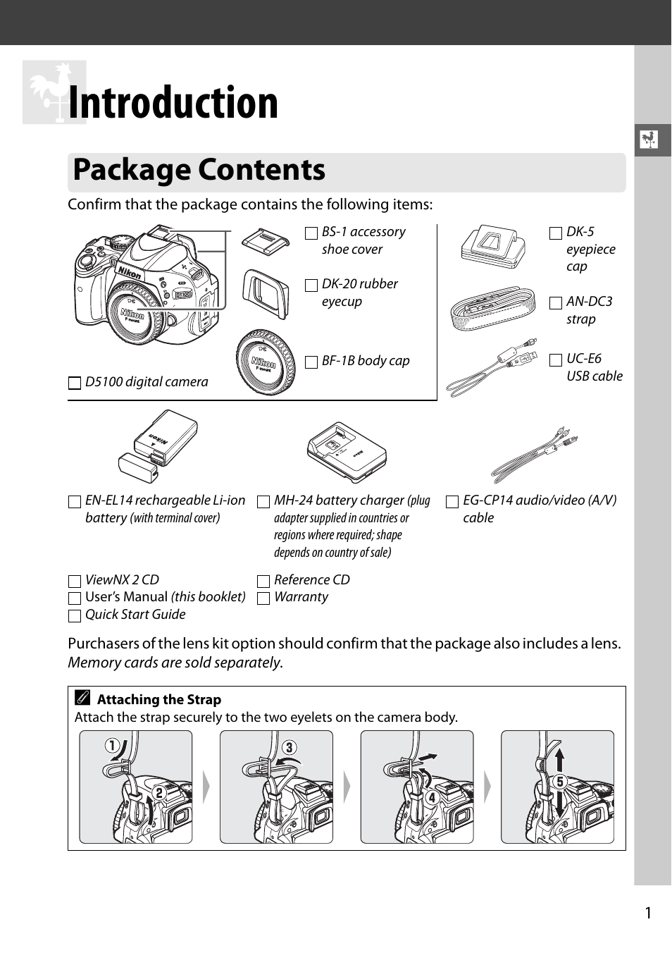 Introduction, Package contents | Nikon D5100 User Manual | Page 9 / 92