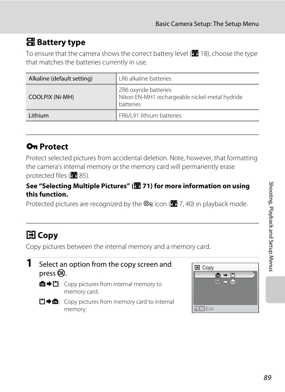 Battery type, Protect, Copy | S battery type d protect h copy, A 89), A 89, Ting (a 89), A 89) and cop, S battery type, D protect | Nikon collpix L16 User Manual | Page 101 / 124