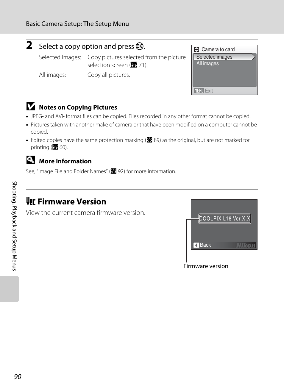 Firmware version, R firmware version, A 90 | Select a copy option and press k | Nikon collpix L16 User Manual | Page 102 / 124