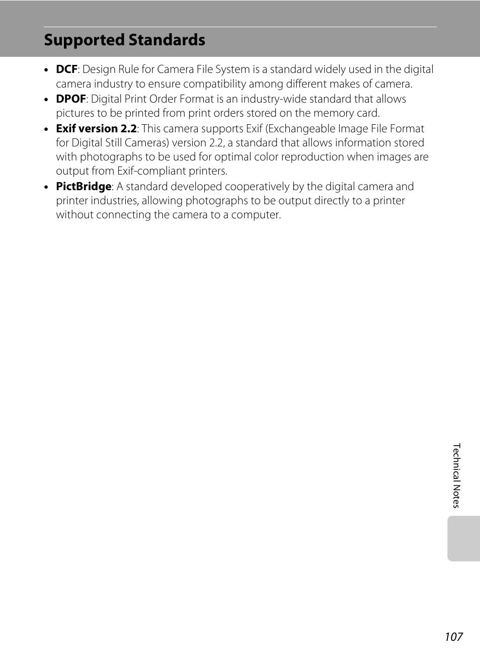 Supported standards, Tible, A 107) p | Nikon collpix L16 User Manual | Page 119 / 124