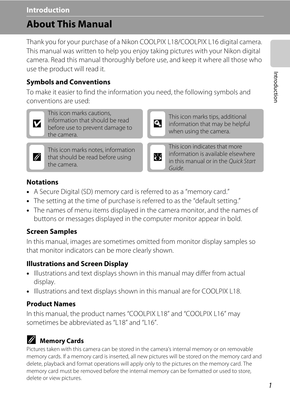 Introduction, About this manual | Nikon collpix L16 User Manual | Page 13 / 124