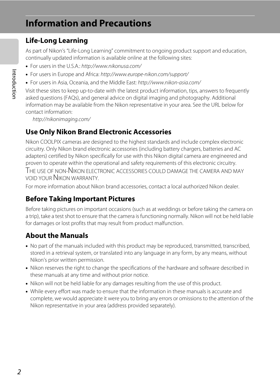 Information and precautions, Life-long learning, Use only nikon brand electronic accessories | Before taking important pictures, About the manuals | Nikon collpix L16 User Manual | Page 14 / 124