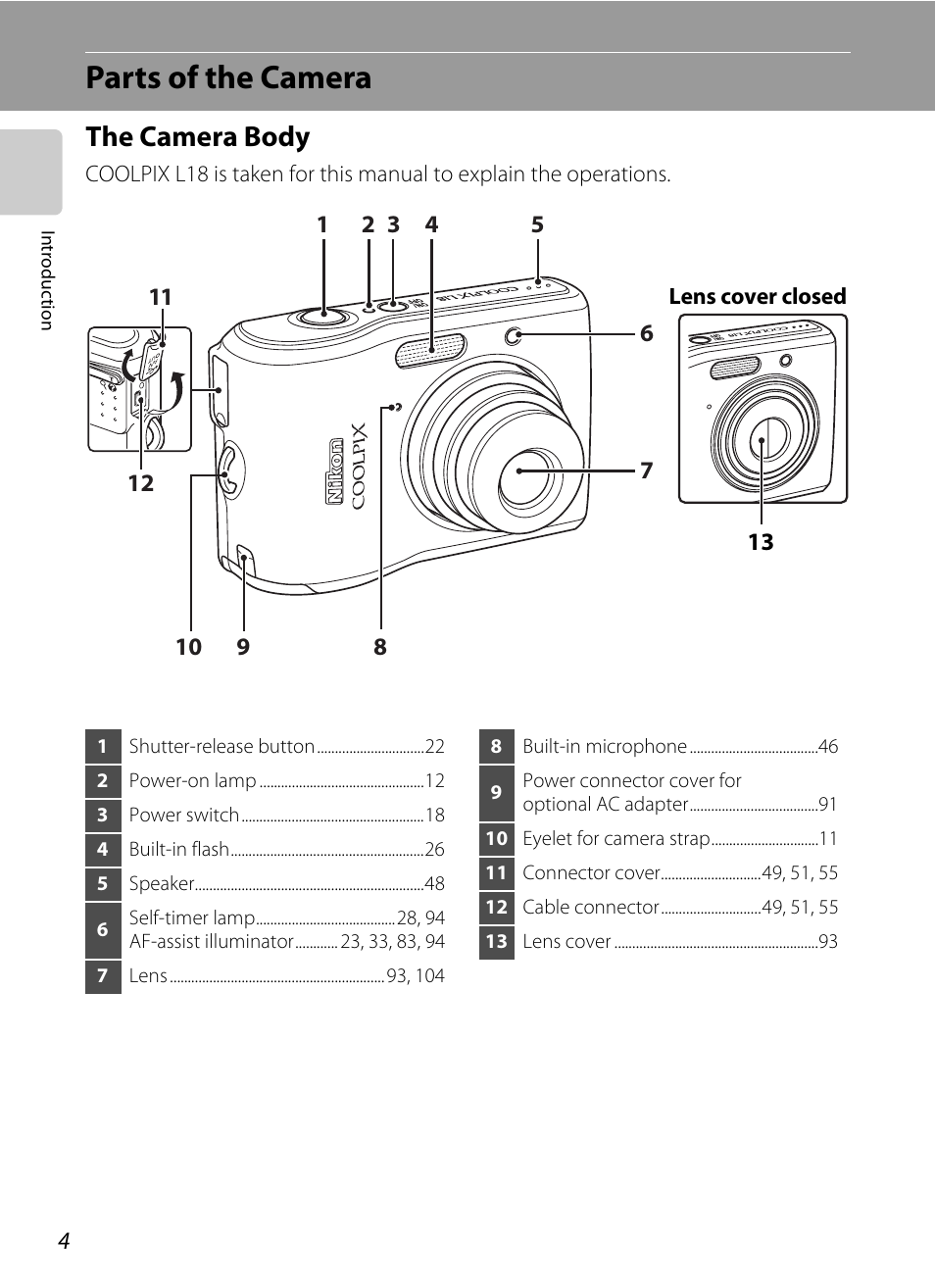 Parts of the camera, The camera body | Nikon collpix L16 User Manual | Page 16 / 124