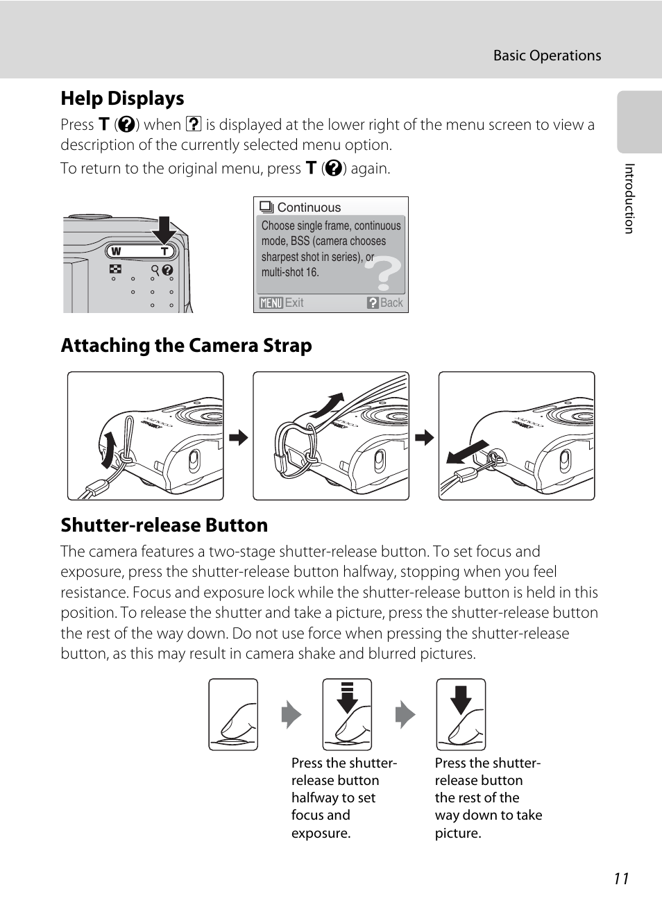 Help displays, Attaching the camera strap, Shutter-release button | Attaching the camera strap shutter-release button | Nikon collpix L16 User Manual | Page 23 / 124