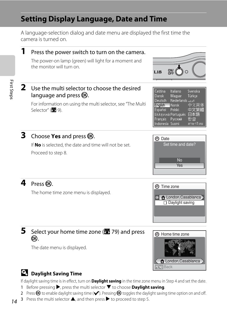 Setting display language, date and time | Nikon collpix L16 User Manual | Page 26 / 124