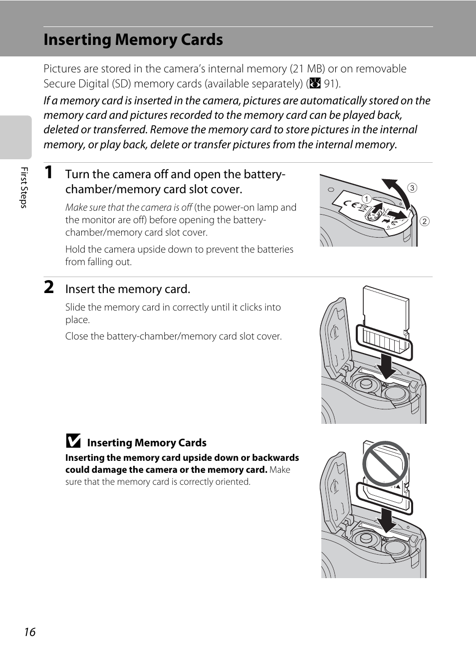 Inserting memory cards | Nikon collpix L16 User Manual | Page 28 / 124