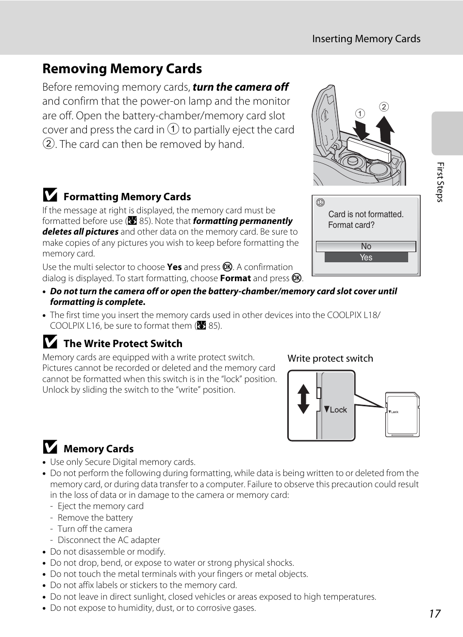 Removing memory cards | Nikon collpix L16 User Manual | Page 29 / 124