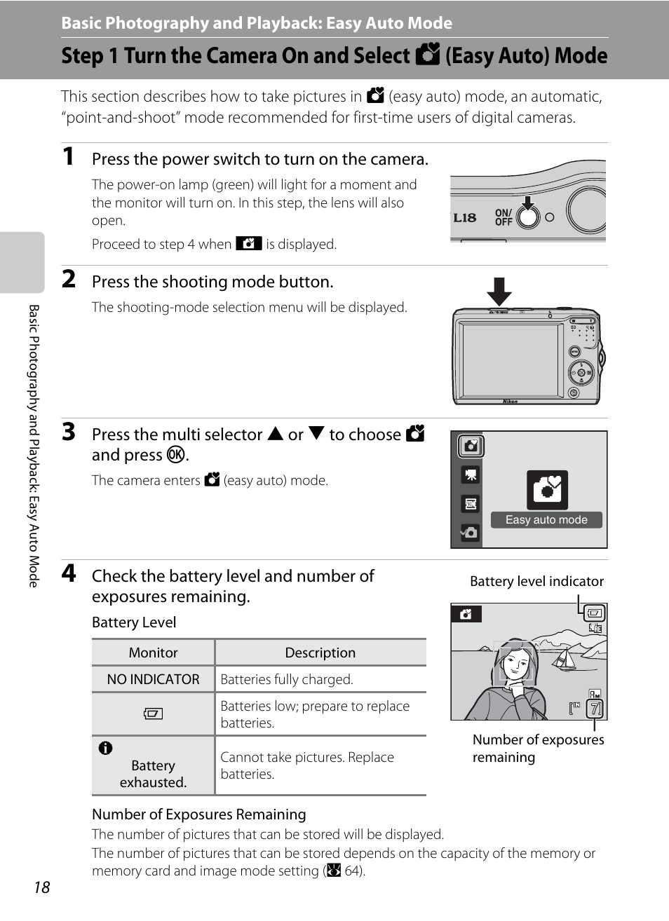 Basic photography and playback: easy auto mode, G basic photography and playback: easy auto mode, Mode (a 18) | A 18) | Nikon collpix L16 User Manual | Page 30 / 124