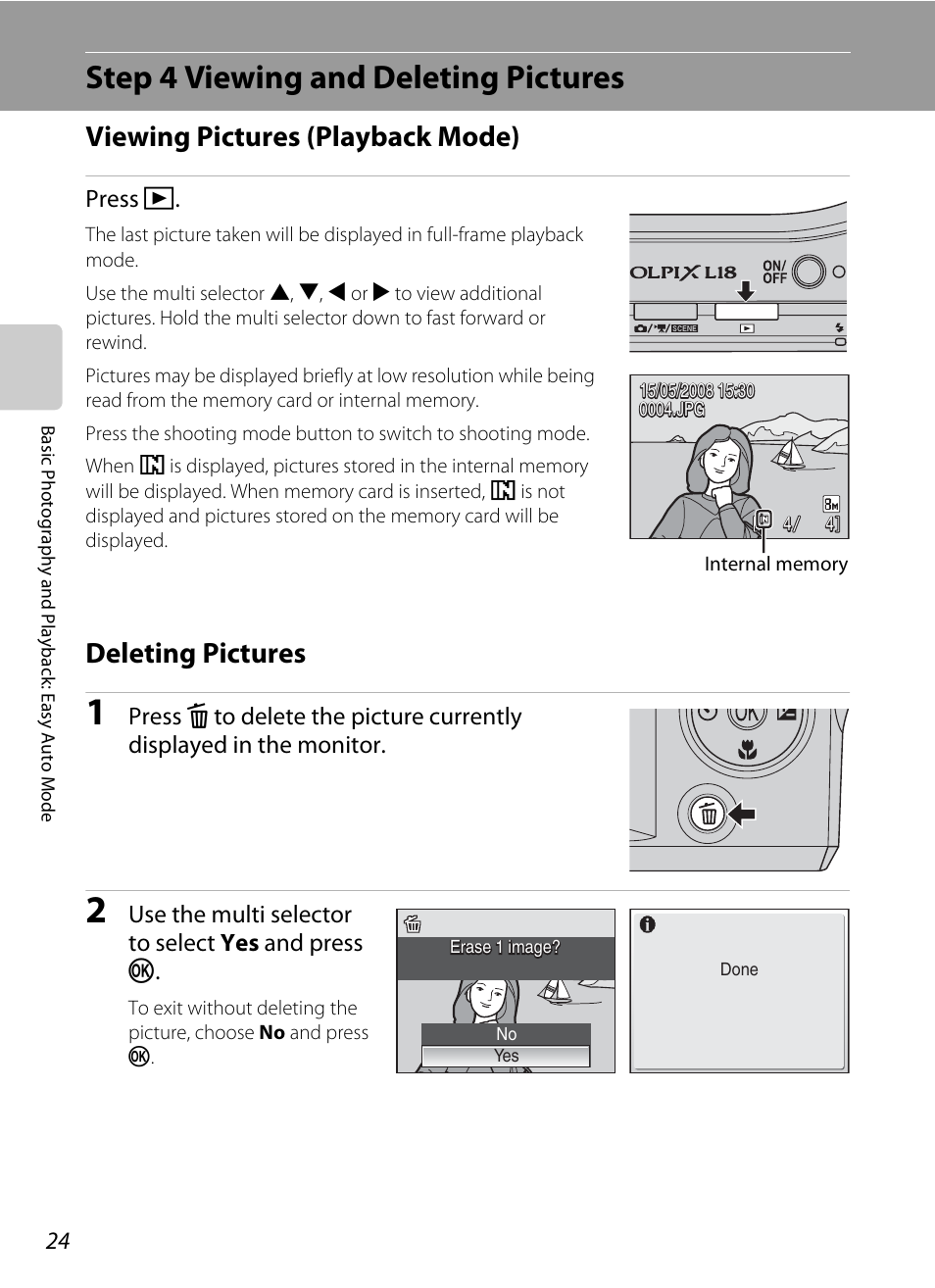 Step 4 viewing and deleting pictures, Viewing pictures (playback mode), Deleting pictures | Nikon collpix L16 User Manual | Page 36 / 124