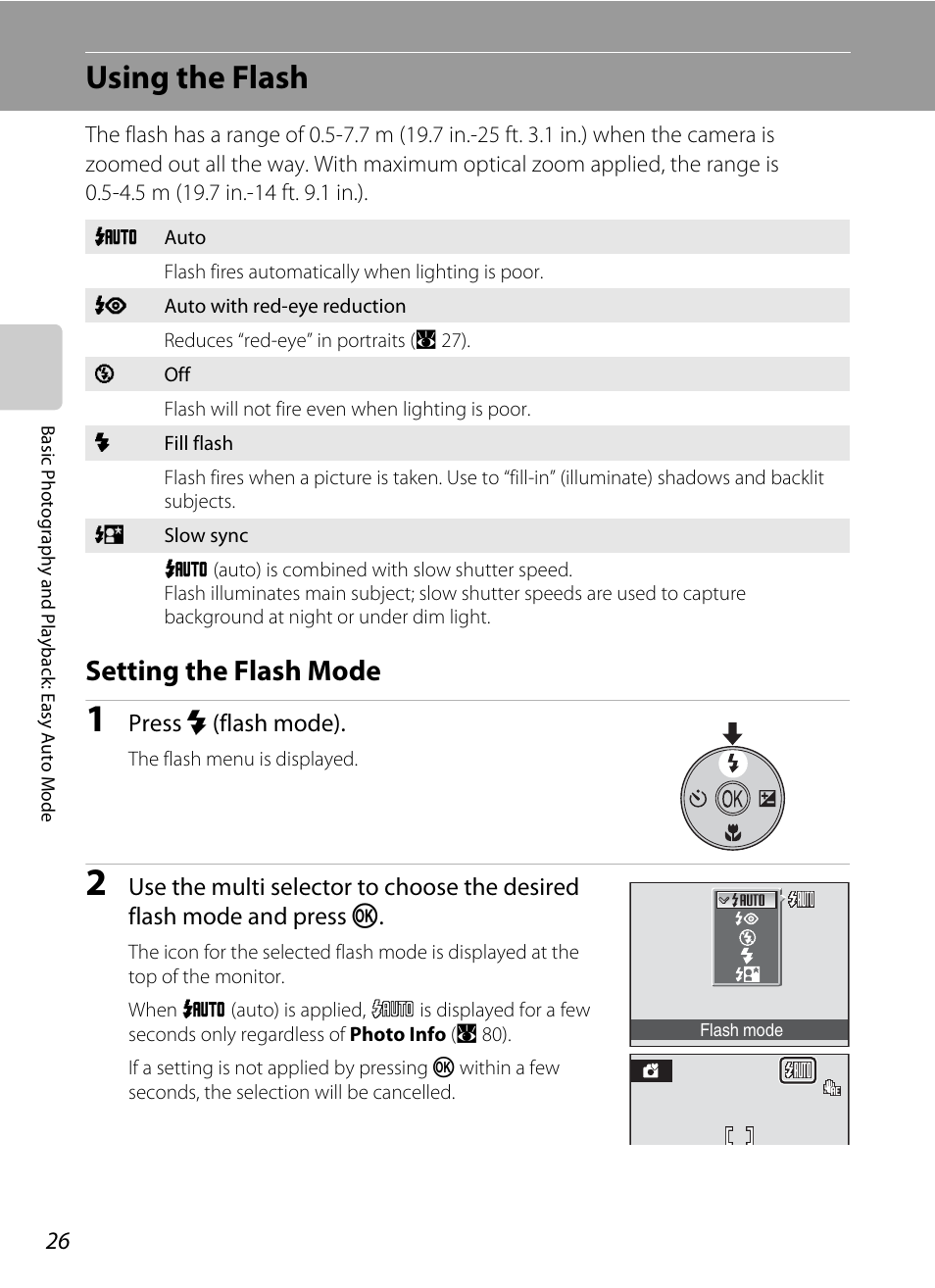 Using the flash, Setting the flash mode, A 26) m | A 26) | Nikon collpix L16 User Manual | Page 38 / 124