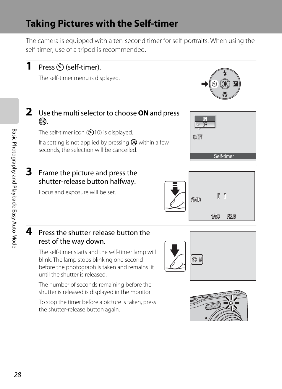 Taking pictures with the self-timer, A 28) menu, A 28) | Nikon collpix L16 User Manual | Page 40 / 124