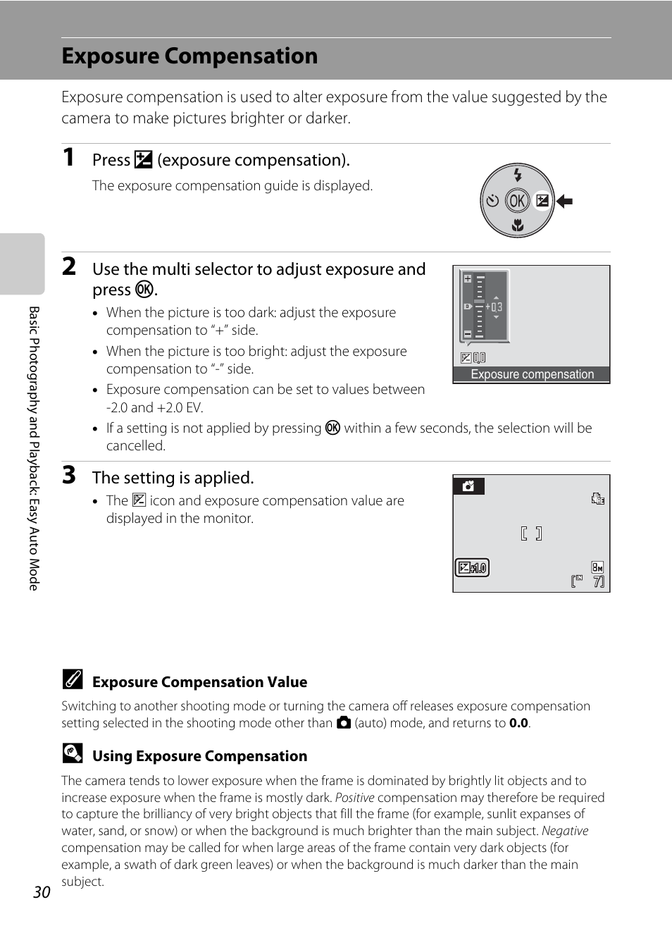 Exposure compensation, A 30) men, A 30) ca | Nikon collpix L16 User Manual | Page 42 / 124