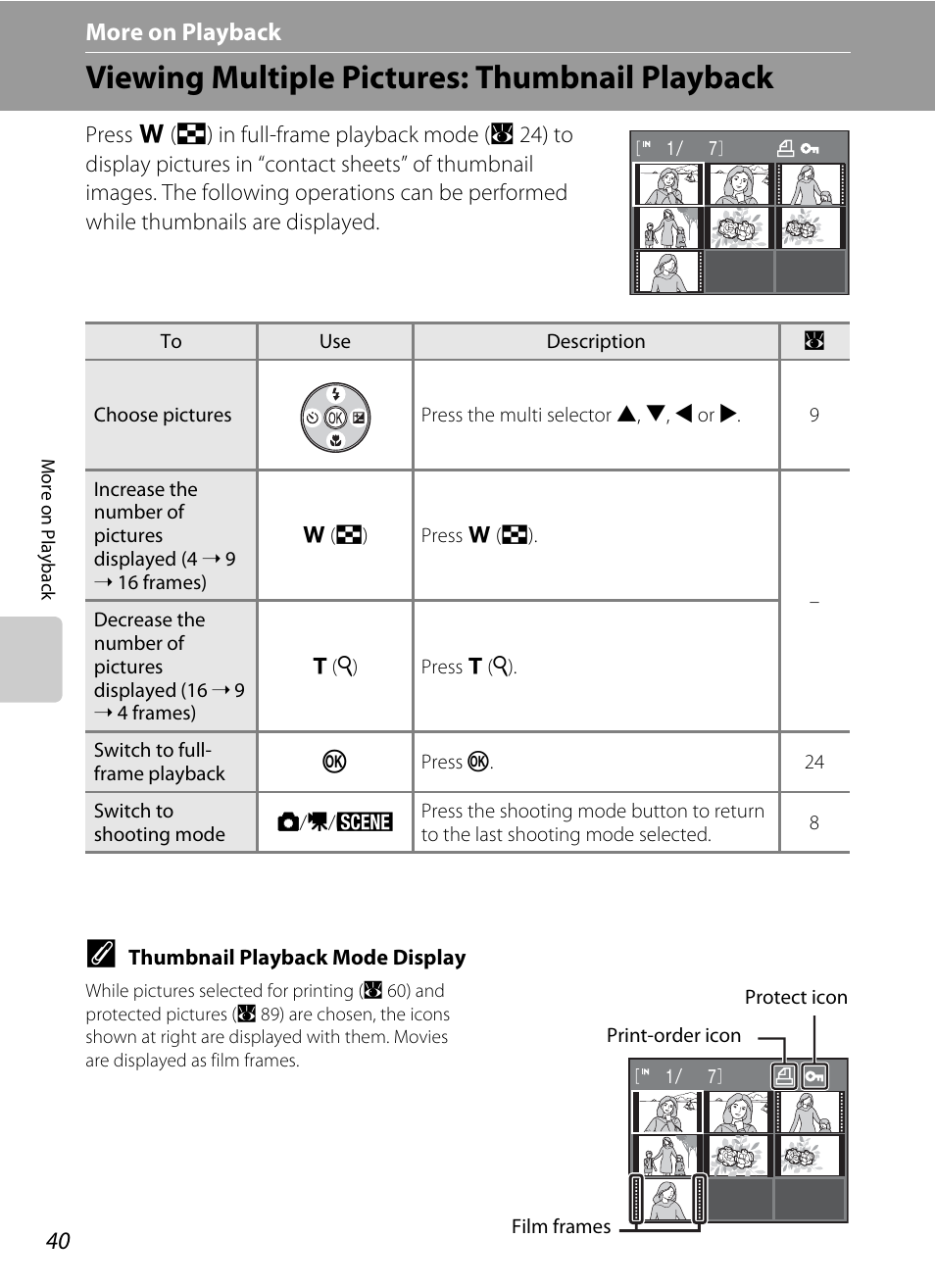 More on playback, Viewing multiple pictures: thumbnail playback, C more on playback | Nikon collpix L16 User Manual | Page 52 / 124