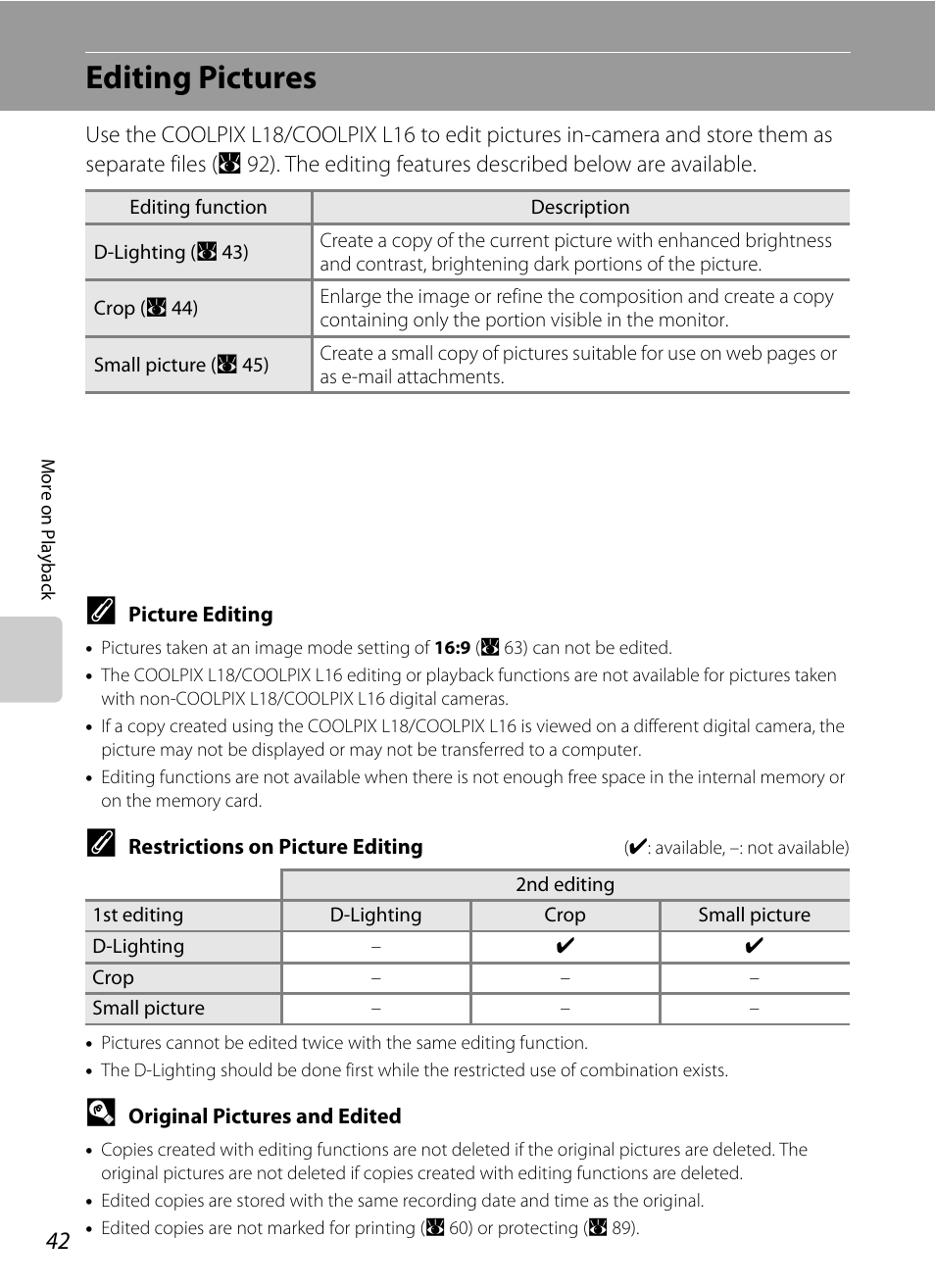 Editing pictures | Nikon collpix L16 User Manual | Page 54 / 124