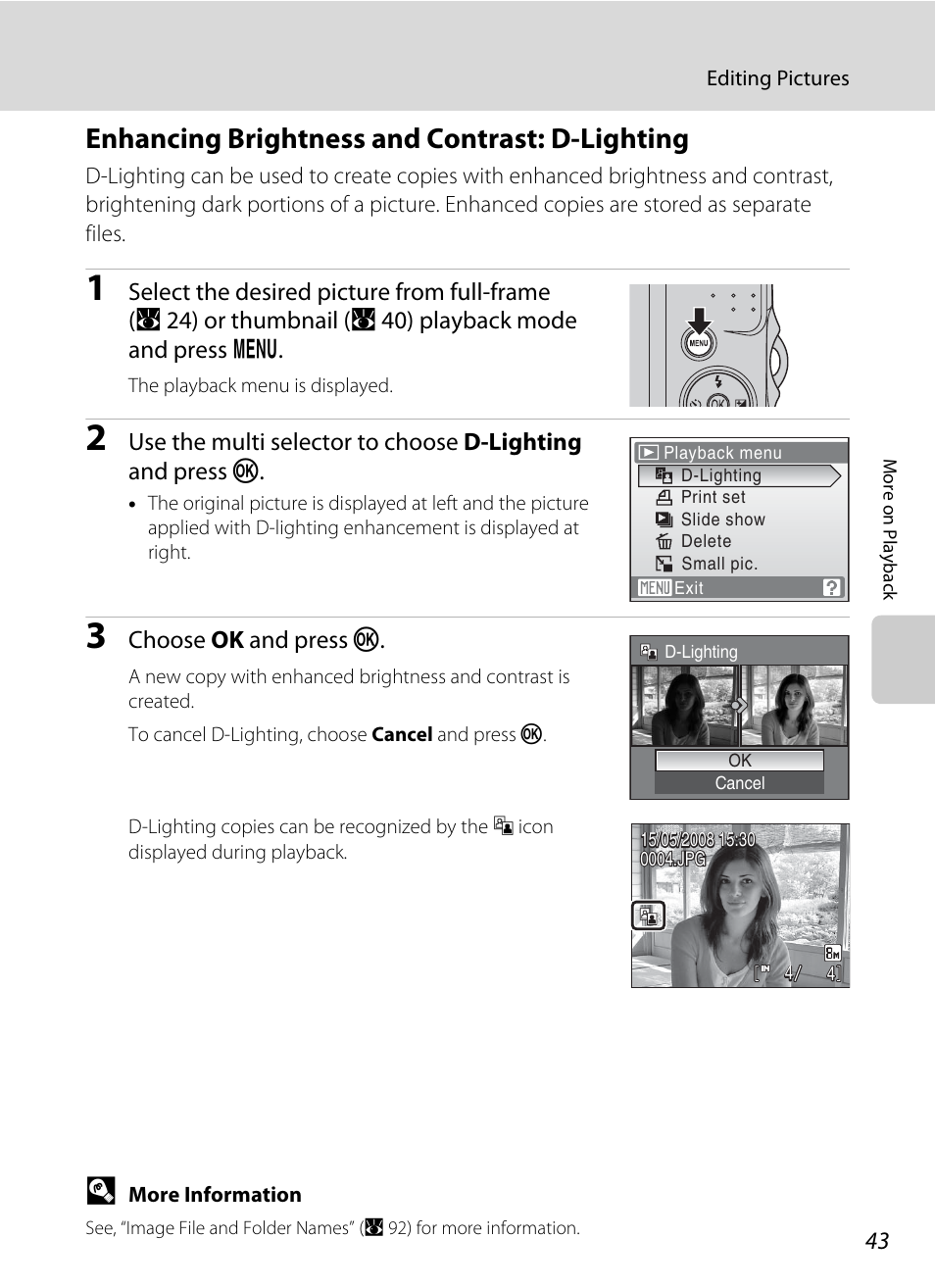 Enhancing brightness and contrast: d-lighting, A 43), Lighting | Nikon collpix L16 User Manual | Page 55 / 124