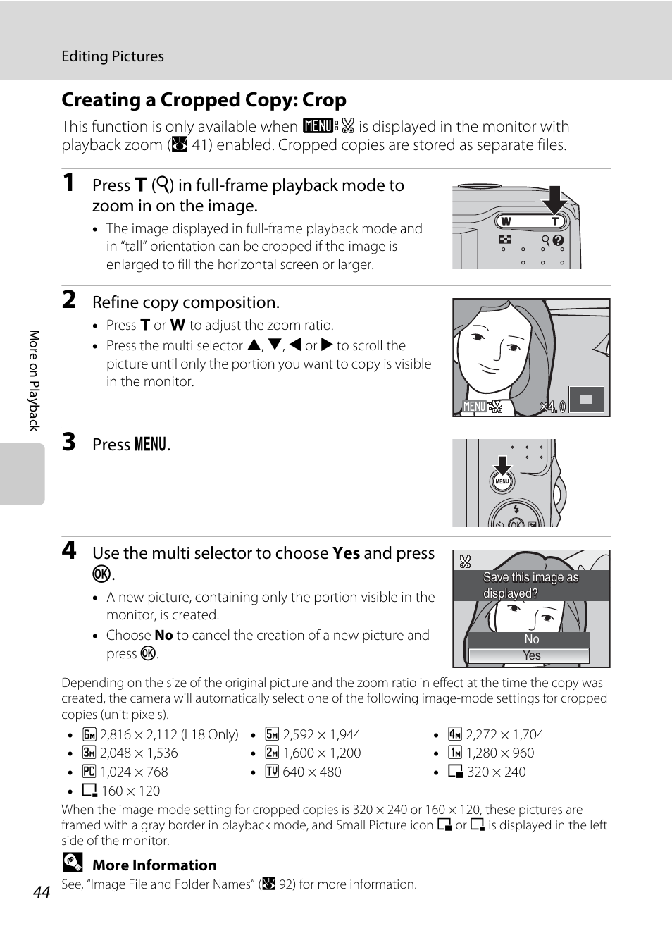 Creating a cropped copy: crop, A 44) | Nikon collpix L16 User Manual | Page 56 / 124