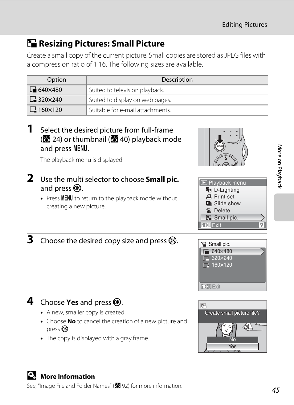 Resizing pictures: small picture, G resizing pictures: small picture, A 45) | Nikon collpix L16 User Manual | Page 57 / 124