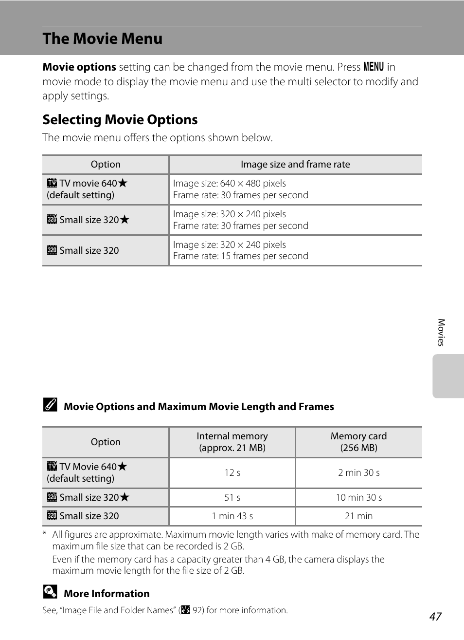 The movie menu, Selecting movie options, A 47) icon | A 47) | Nikon collpix L16 User Manual | Page 59 / 124