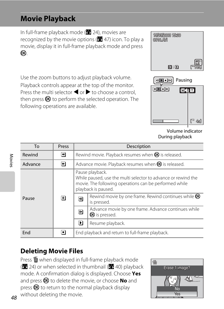 Movie playback, Deleting movie files | Nikon collpix L16 User Manual | Page 60 / 124