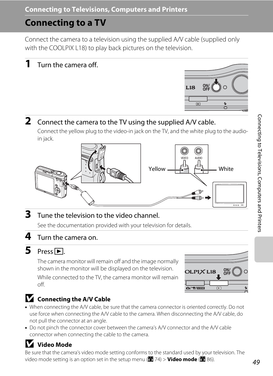 Connecting to televisions, computers and printers, Connecting to a tv | Nikon collpix L16 User Manual | Page 61 / 124