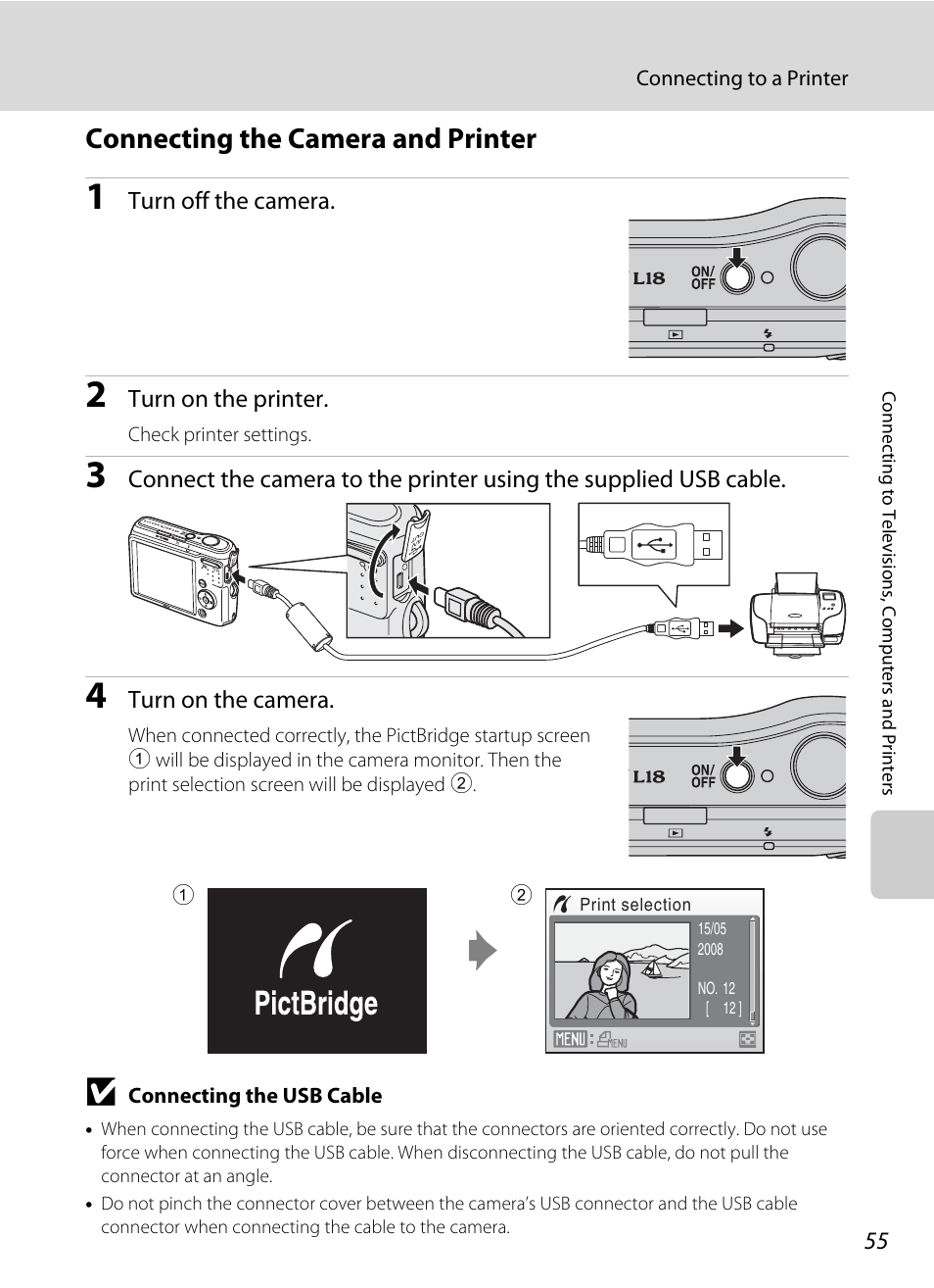 Connecting the camera and printer, A 55) | Nikon collpix L16 User Manual | Page 67 / 124