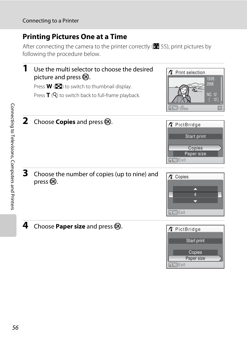 Printing pictures one at a time, A 56) | Nikon collpix L16 User Manual | Page 68 / 124