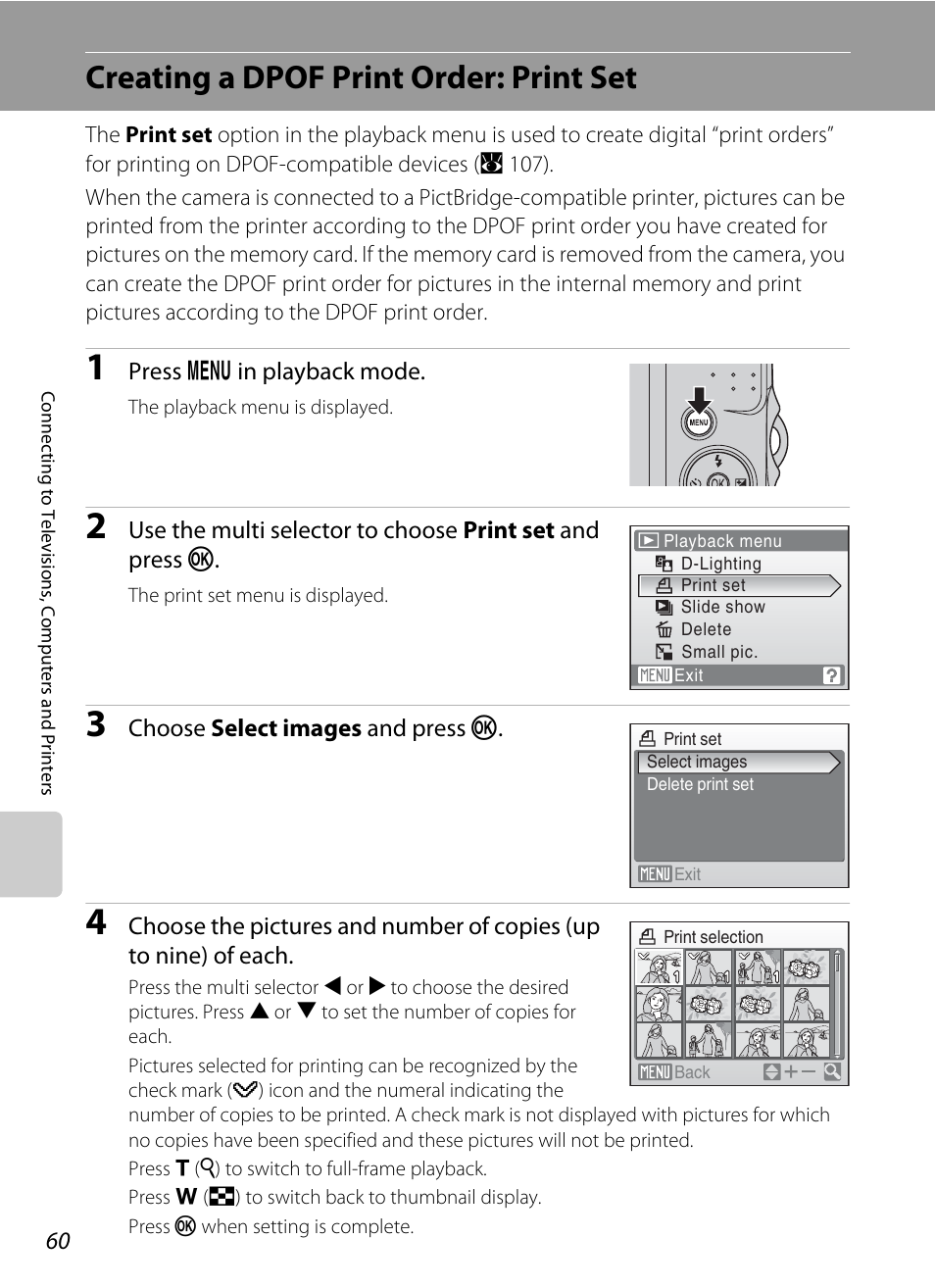 Creating a dpof print order: print set, A 60) | Nikon collpix L16 User Manual | Page 72 / 124