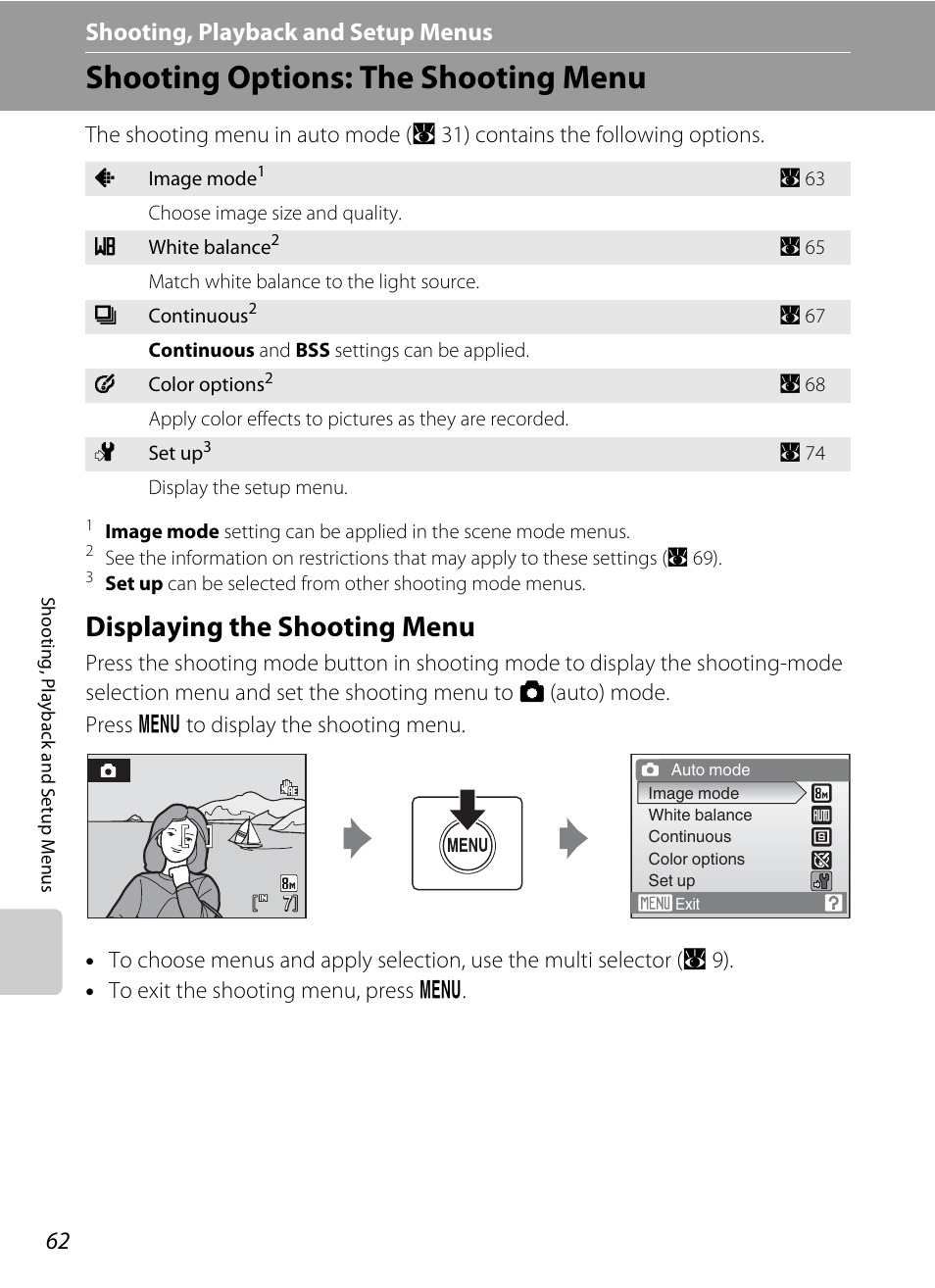Shooting, playback and setup menus, Shooting options: the shooting menu, Displaying the shooting menu | D shooting, playback and setup menus, A 62) | Nikon collpix L16 User Manual | Page 74 / 124