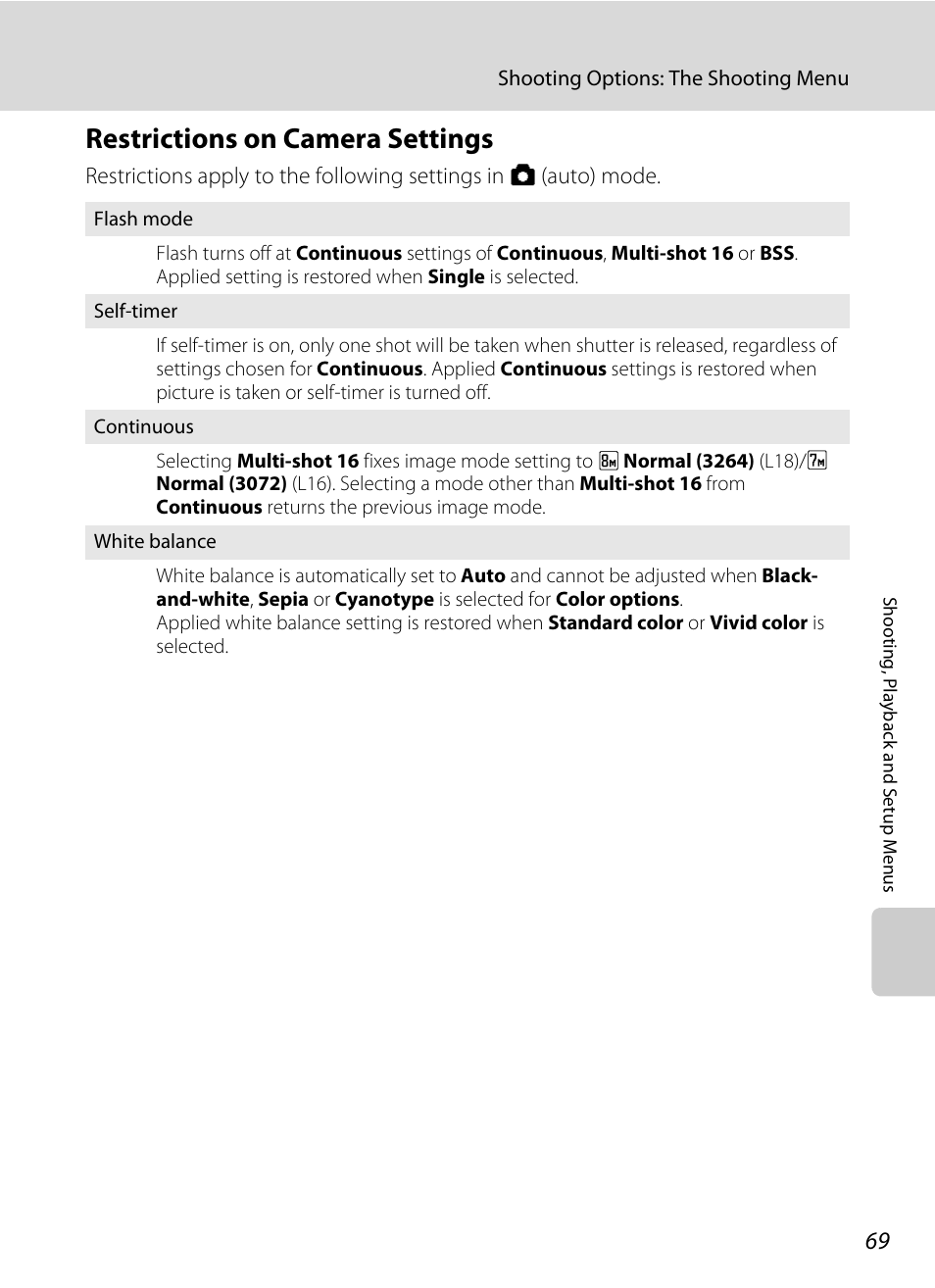 Restrictions on camera settings, A 69 | Nikon collpix L16 User Manual | Page 81 / 124