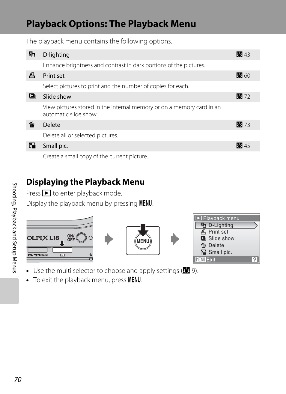 Playback options: the playback menu, Displaying the playback menu | Nikon collpix L16 User Manual | Page 82 / 124