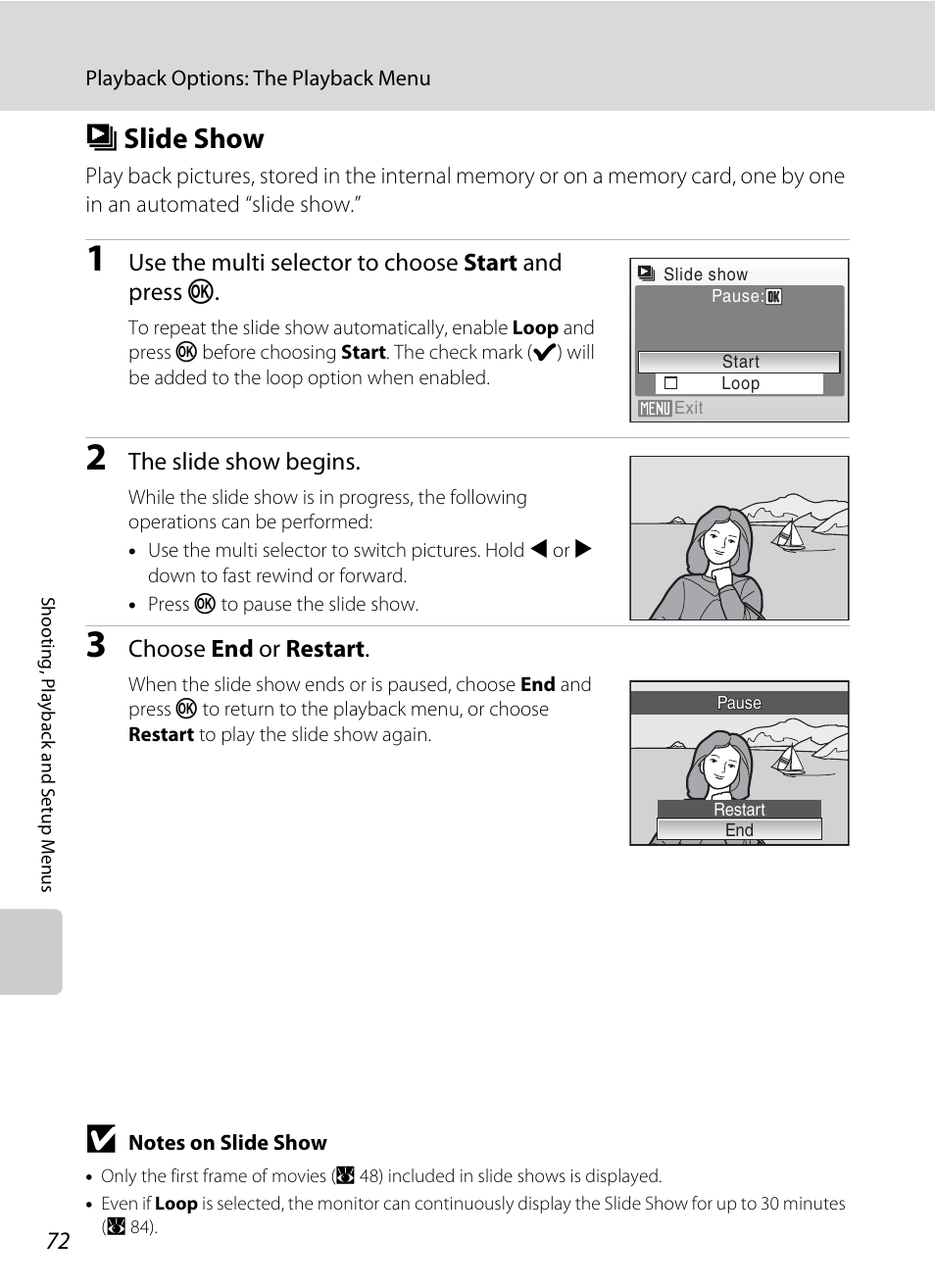 Slide show, B slide show, A 72 | Nikon collpix L16 User Manual | Page 84 / 124