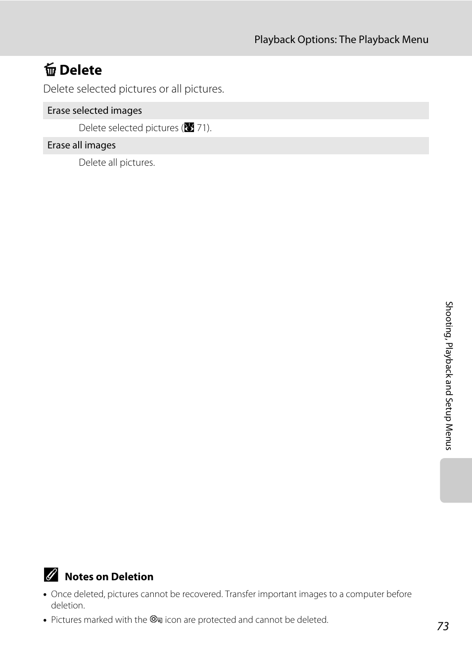 Delete, C delete, A 73 | A 73) | Nikon collpix L16 User Manual | Page 85 / 124