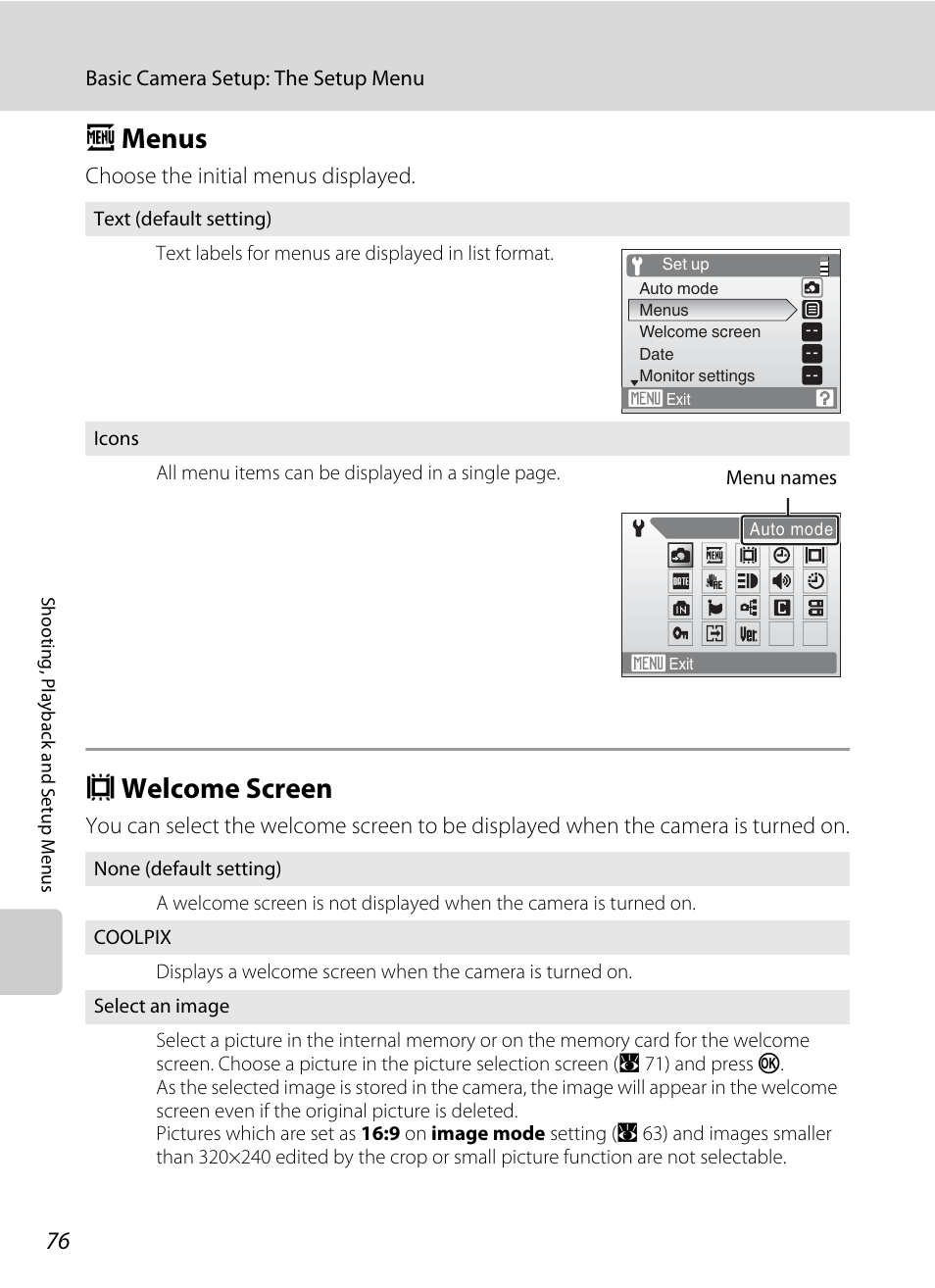 Menus, Welcome screen, A menus c welcome screen | Een (a 76), protect, A 76, A menus, C welcome screen | Nikon collpix L16 User Manual | Page 88 / 124