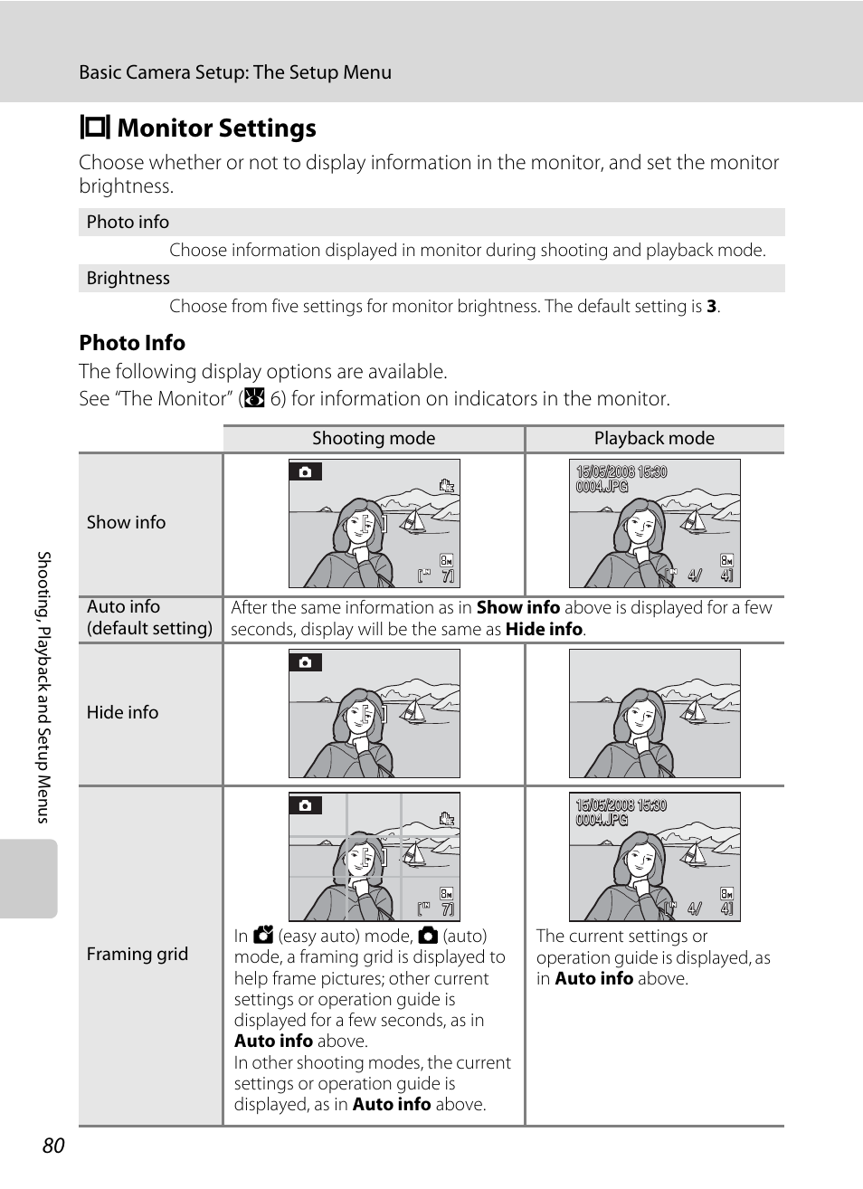 Monitor settings, E monitor settings, A 80) | A 80, Photo info | Nikon collpix L16 User Manual | Page 92 / 124